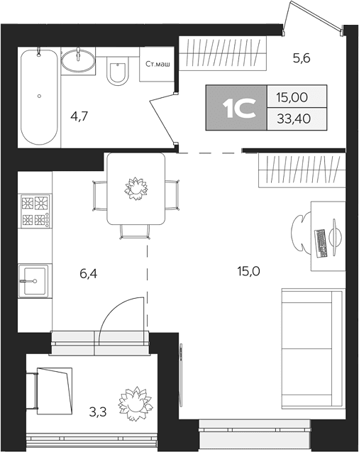 Планировка: Студия 31,8 м² в ЖК «Ласточкино»