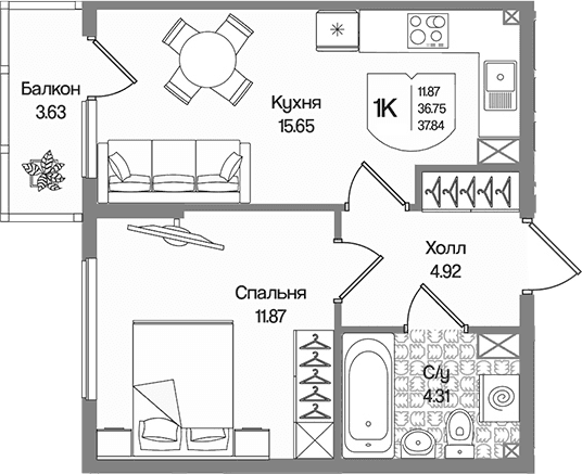 Планировка: 1-комнатная квартира 36,8 м² в ЖК «Охтинские высоты»
