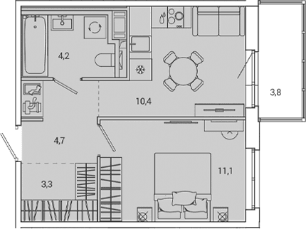 Планировка: 1-комнатная квартира 33,6 м² в ЖК «ОКЛА»