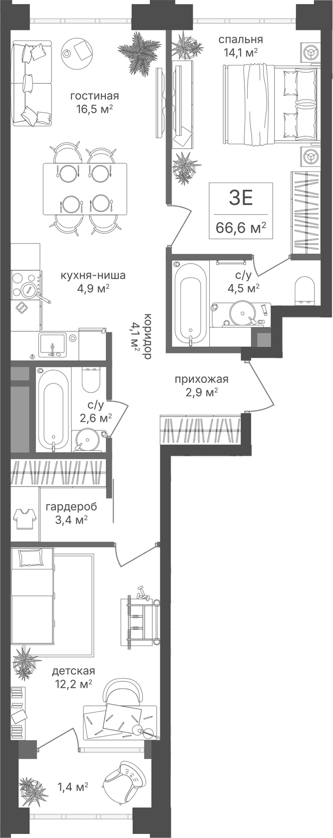 Планировка: Евротрёшка 65,2 м² в ЖК «Михалковский»