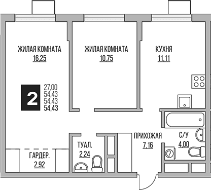 Планировка: 2-комнатная квартира 54,4 м² в ЖК «Гранель Мытищи»