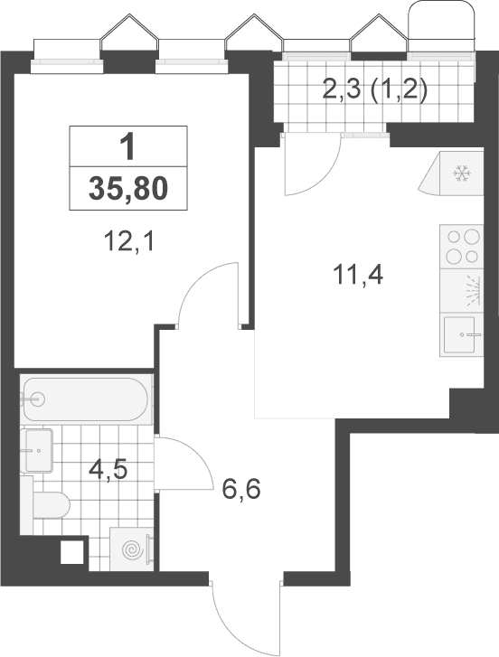 Планировка: 1-комнатная квартира 34,6 м² в ЖК «Деснаречье»