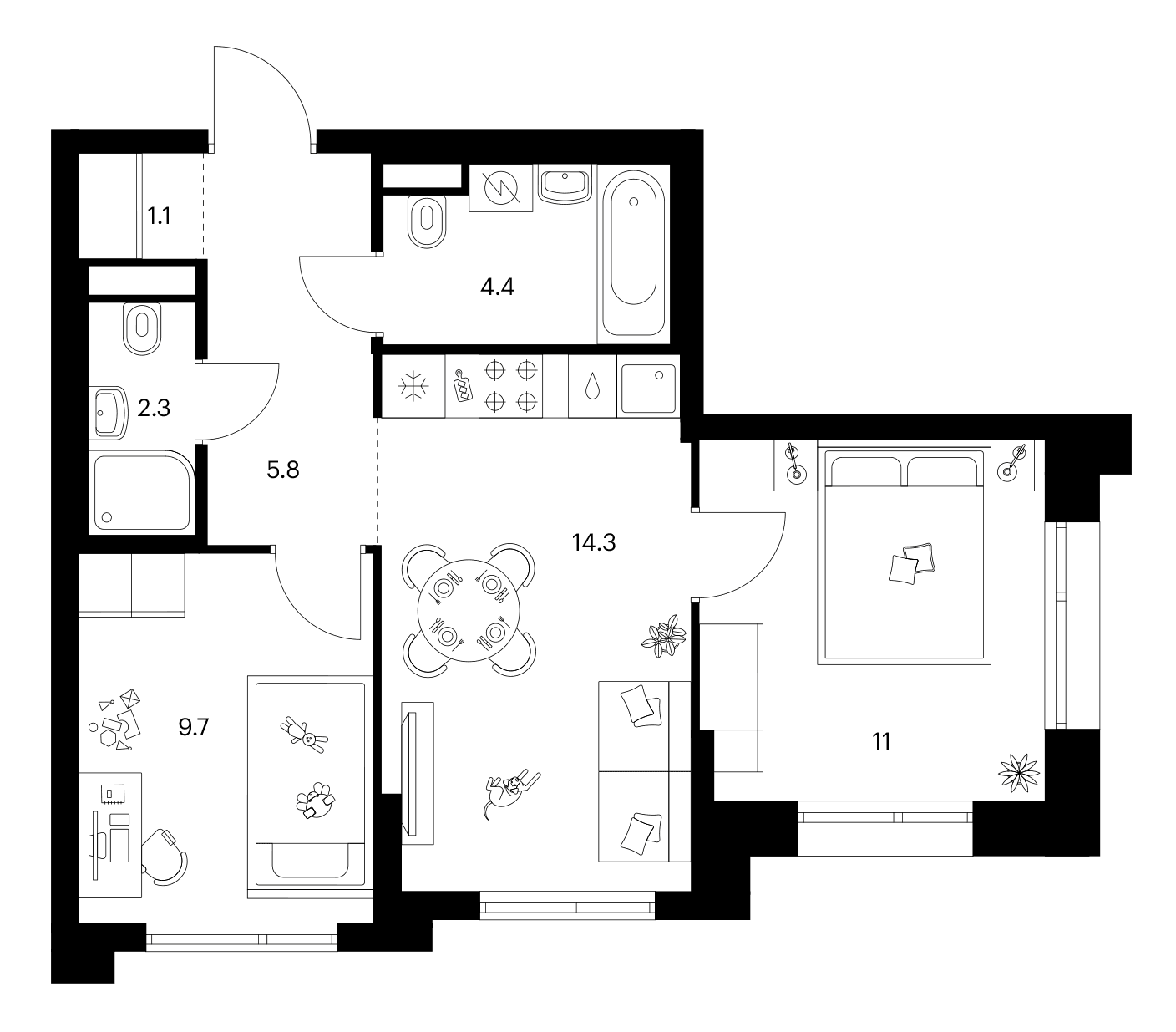 Планировка: 2-комнатная квартира 48,6 м² в ЖК «Зеленый парк»