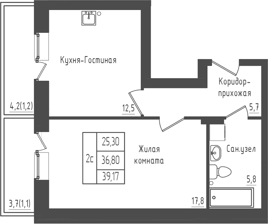 Планировка: 1-комнатная квартира 36,8 м² в ЖК «Зеленый город»