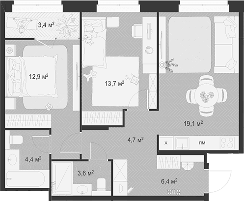 Планировка: Евротрёшка 64,8 м² в ЖК «Гранд Комфорт 3»