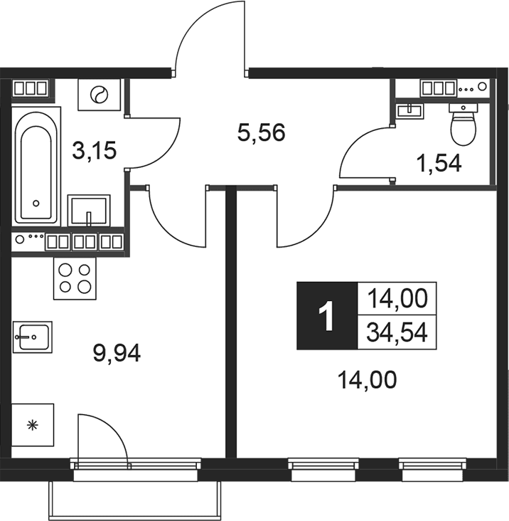 Планировка: 1-комнатная квартира 34,2 м² в ЖК «Слобода»