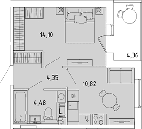 Планировка: 1-комнатная квартира 33,8 м² в ЖК «Ю Гатчина»