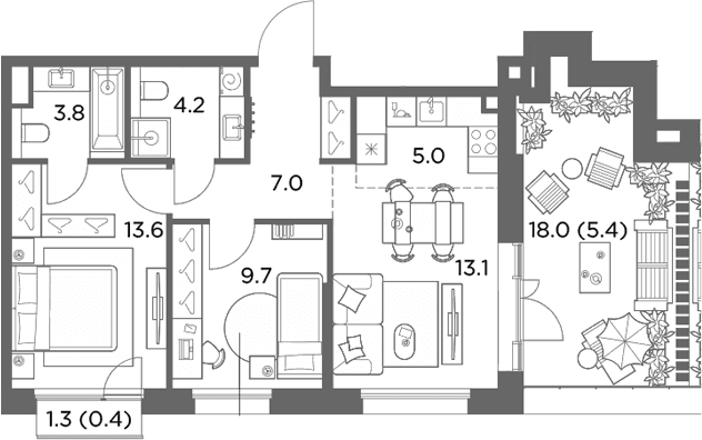 Планировка: Евротрёшка 56,4 м² в ЖК «Станиславский»