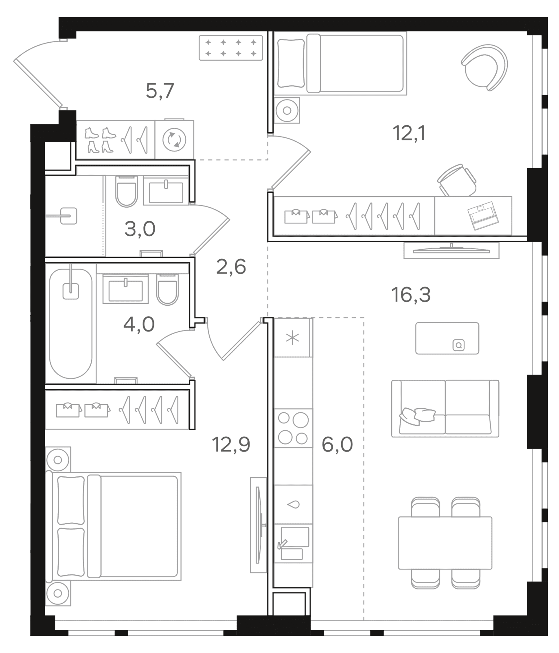 Планировка: Евротрёшка 62,6 м² в ЖК «НАЗАРЕ»