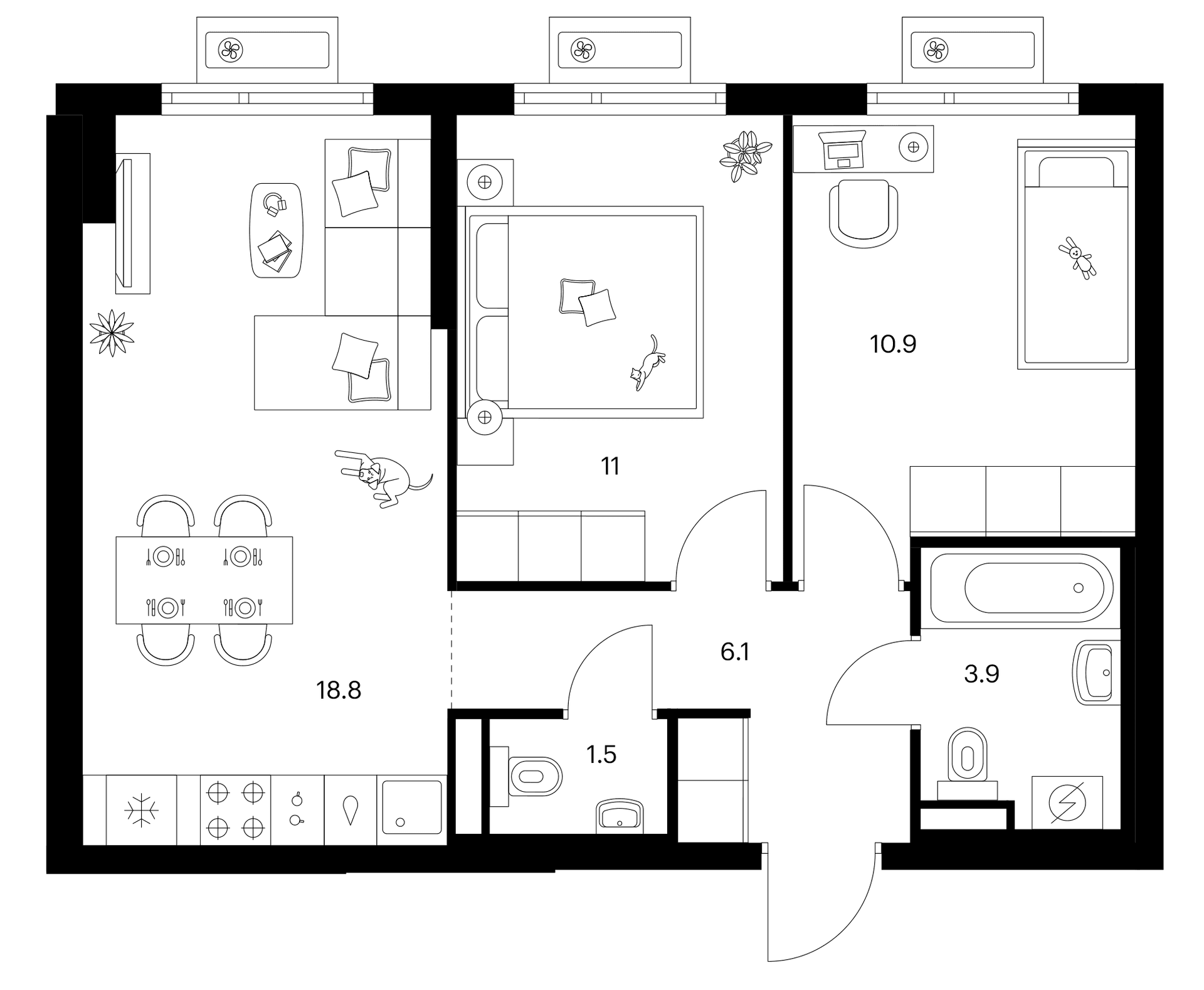 Планировка: 2-комнатная квартира 52,2 м² в ЖК «Белая Дача парк»