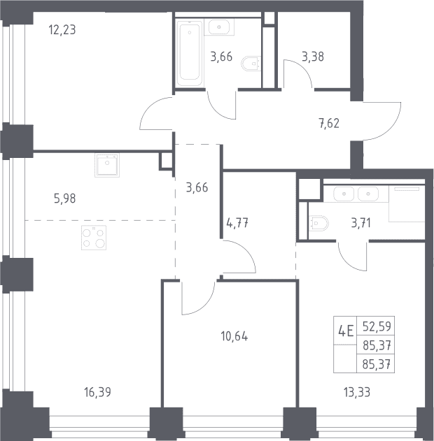 Планировка: Квартира евро-4 85,4 м² в ЖК «НОВА»