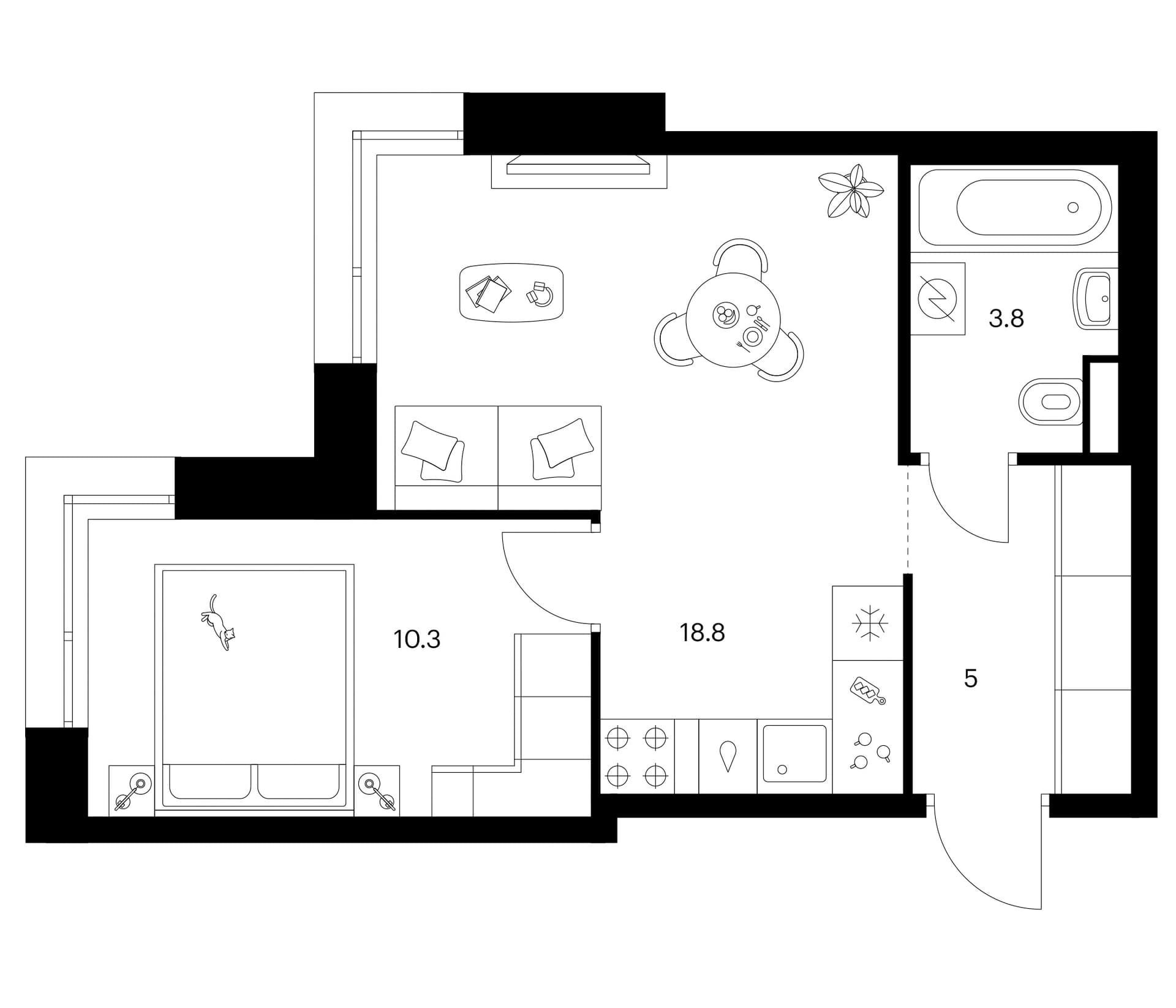 Планировка: 1-комнатная квартира 37,9 м² в ЖК «Москворечье»