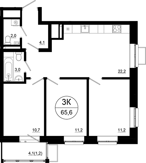 Планировка: 3-комнатная квартира 64,4 м² в ЖК «Союзный»
