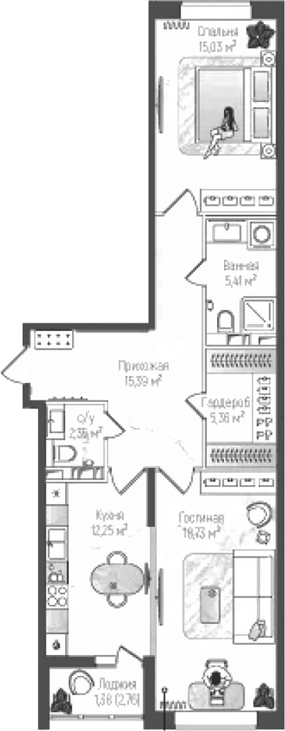 Планировка: 2-комнатная квартира 74,5 м² в ЖК «Рига Хиллс»
