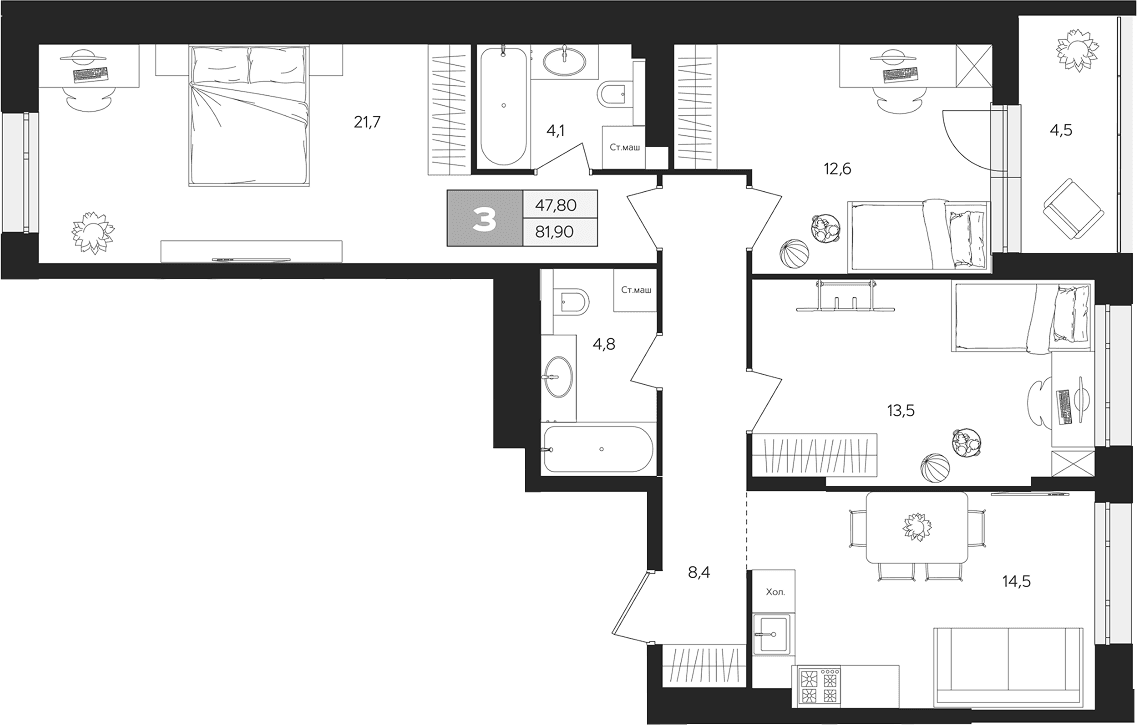 Планировка: 3-комнатная квартира 79,7 м² в ЖК «Ласточкино»