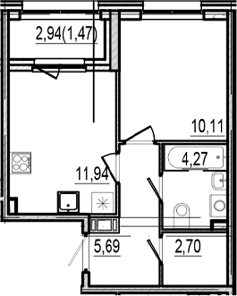 Планировка: 1-комнатная квартира 34,7 м² в ЖК «Оптимист»