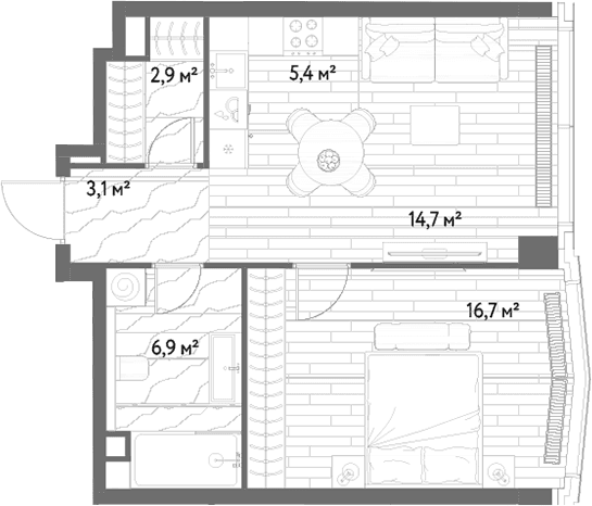 Планировка: Евродвушка 49,7 м² в ЖК «С5»