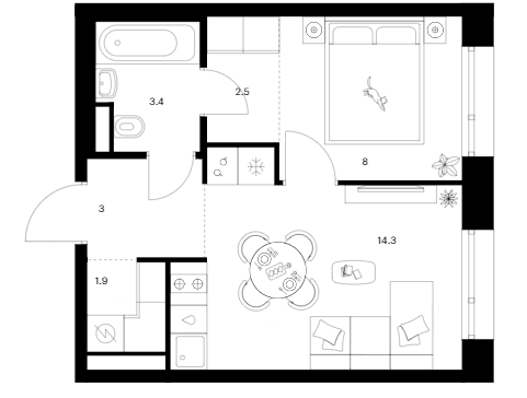 Планировка: 1-комнатная квартира 33,1 м² в ЖК «Москворечье»