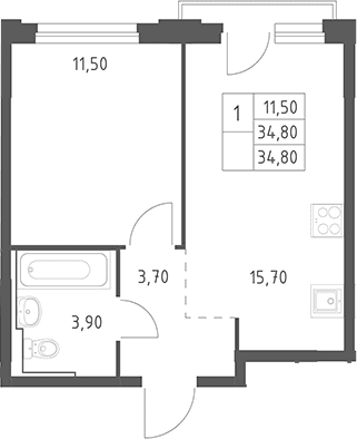 Планировка: Евродвушка 34,8 м² в ЖК «Химки Парк»