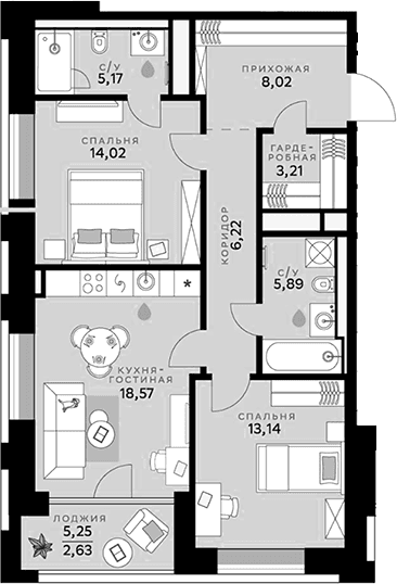 Планировка: Евротрёшка 74,2 м² в ЖК «СберСити»