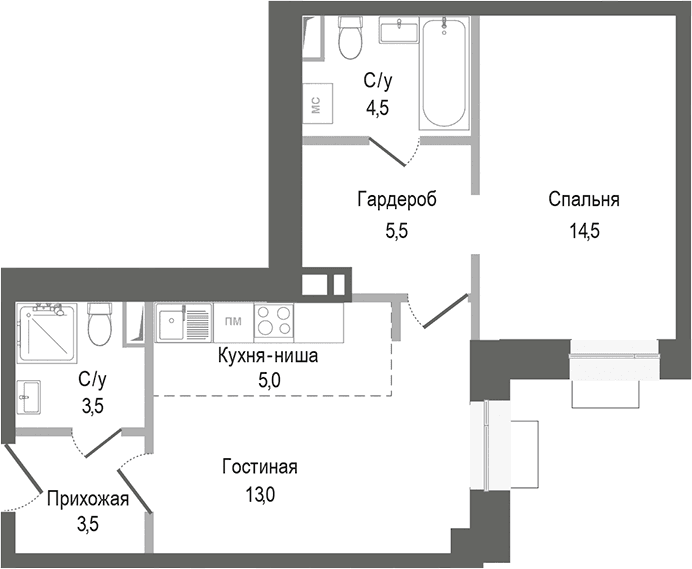 Планировка: Евродвушка 49,5 м² в ЖК «Киноквартал»
