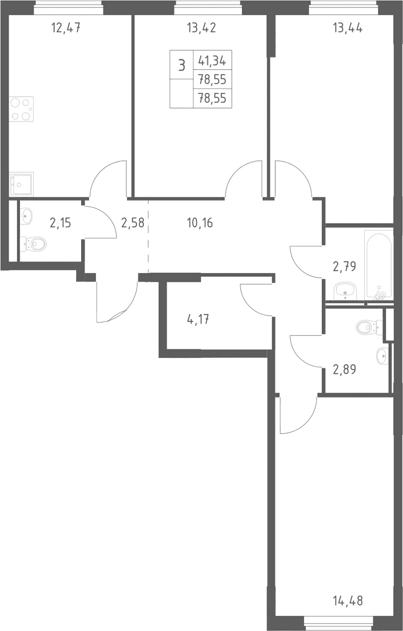 Планировка: 3-комнатная квартира 78,6 м² в ЖК «Мытищи Парк»
