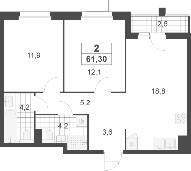 Планировка: Евротрёшка 60 м² в ЖК «Деснаречье»