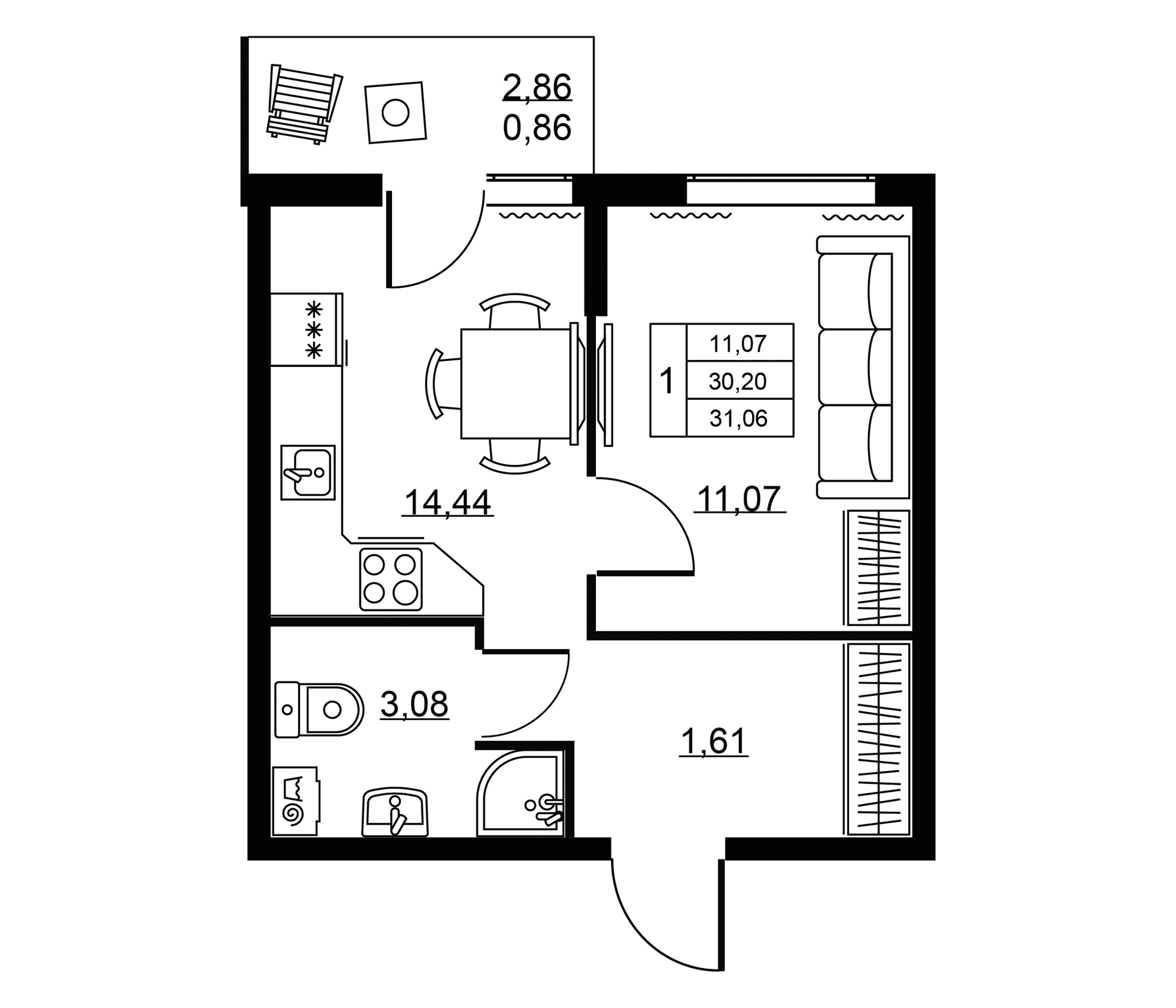 Планировка: 1-комнатная квартира 30,2 м² в ЖК «Пулковское, 34»