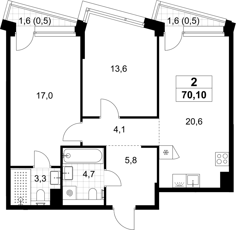 Планировка: Евротрёшка 69,1 м² в ЖК «Хольм»