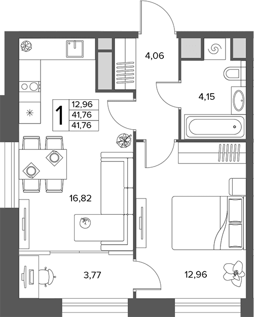Планировка: Евродвушка 41,8 м² в ЖК «Городской бор»