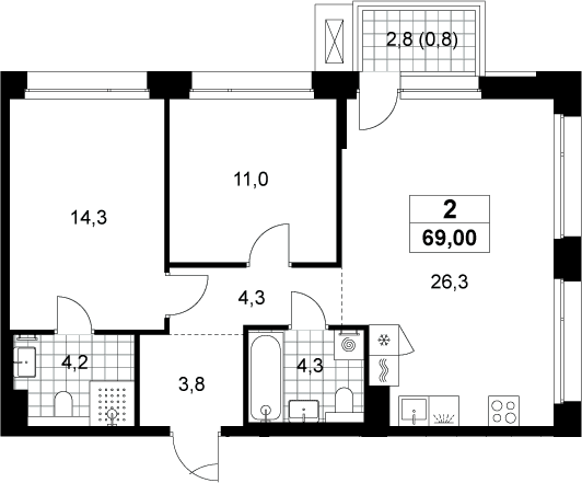 Планировка: Евротрёшка 68,2 м² в ЖК «Хольм»