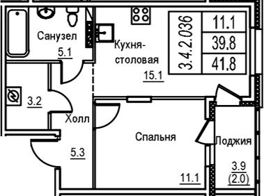 Планировка: Евродвушка 39,8 м² в ЖК «Экография»