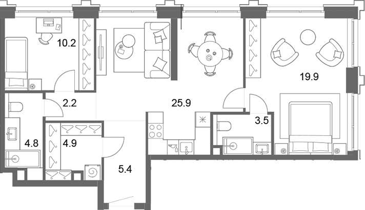 Планировка: Евротрёшка 76,8 м² в ЖК «ОМ Ботанический»
