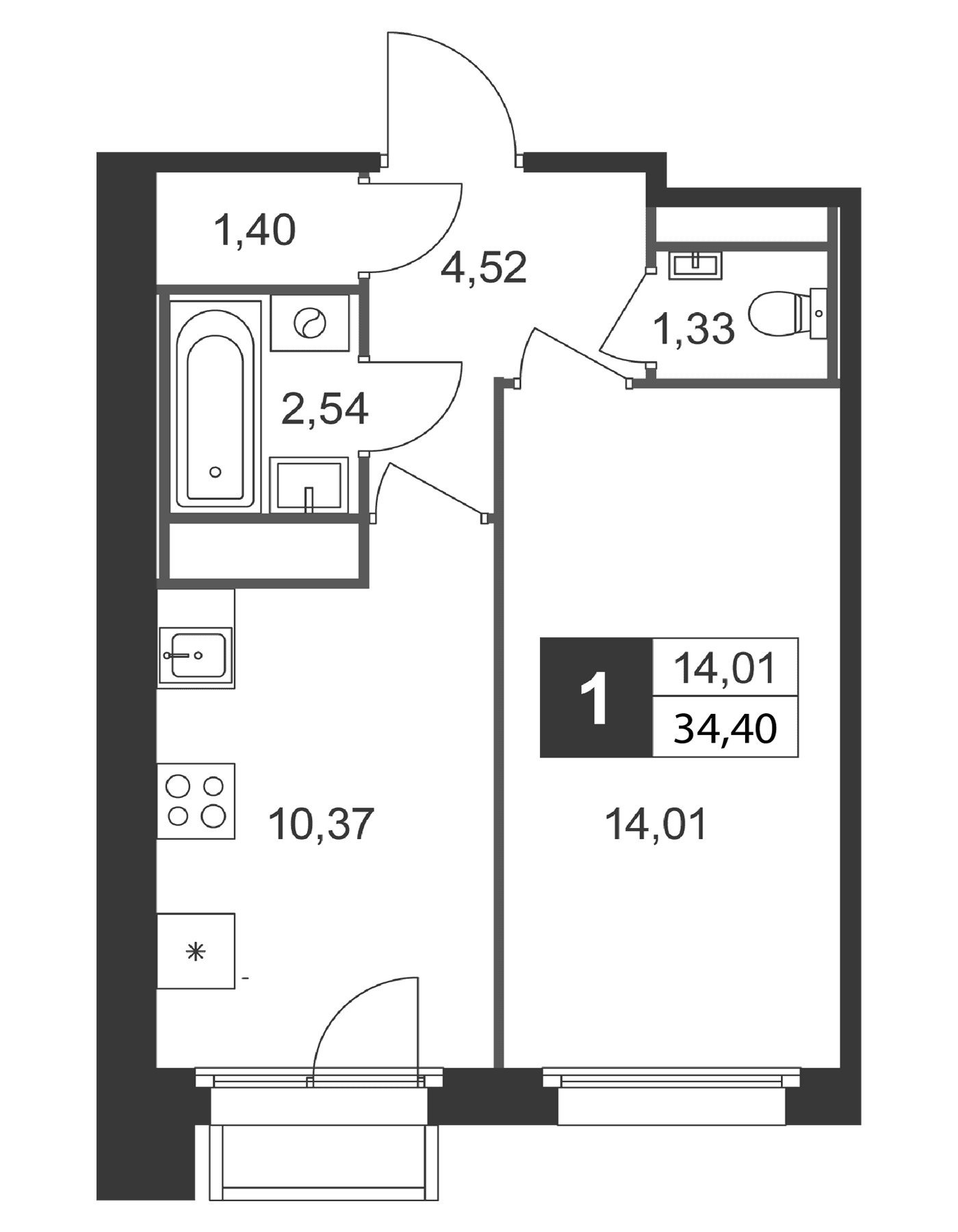 Планировка: 1-комнатная квартира 34,4 м² в ЖК «Слобода»