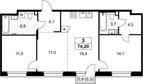 Планировка: Евротрёшка 73,9 м² в ЖК «Хольм»