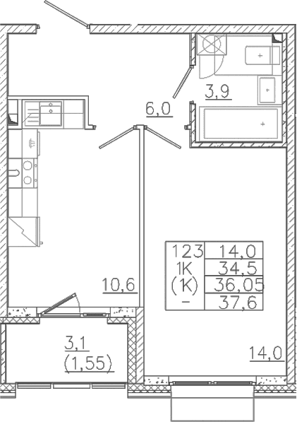 Планировка: 1-комнатная квартира 34,5 м² в ЖК «Лисино»