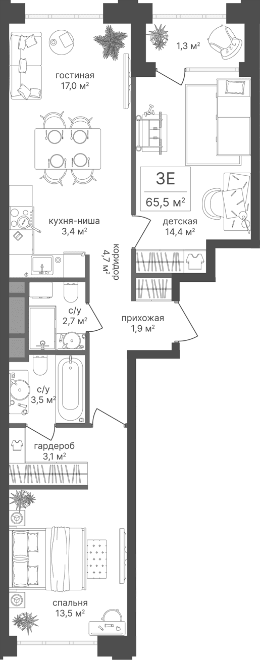 Планировка: Евротрёшка 64,2 м² в ЖК «Михалковский»