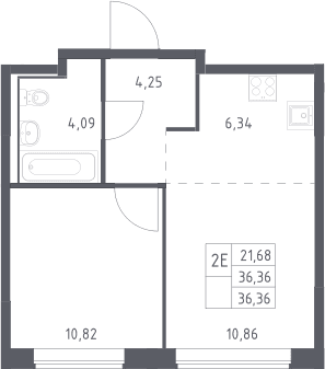 Планировка: Евродвушка 36,4 м² в ЖК «Прибрежный Парк»