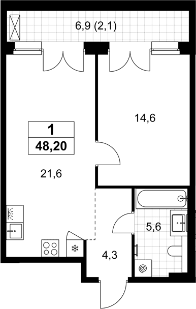 Планировка: Евродвушка 46,1 м² в ЖК «Хольм»