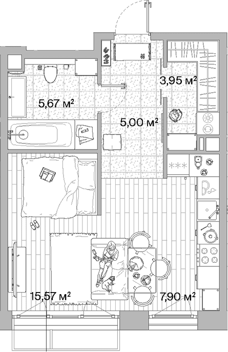 Планировка: Студия 38,1 м² в ЖК «МЫС»