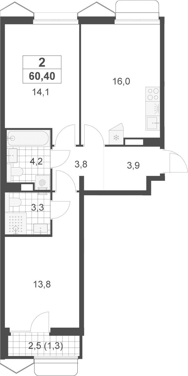Планировка: Евротрёшка 59,1 м² в ЖК «Деснаречье»