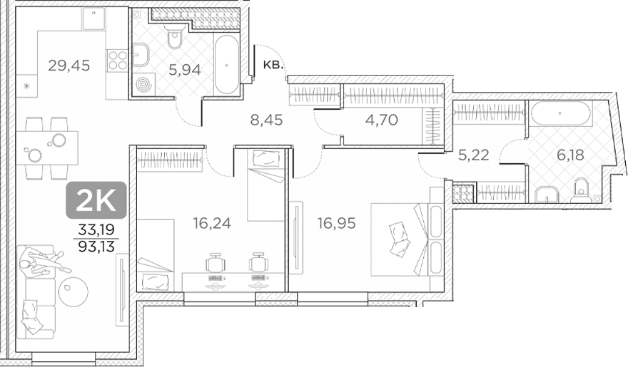 Планировка: Евротрёшка 93,1 м² в ЖК «Гильдия»