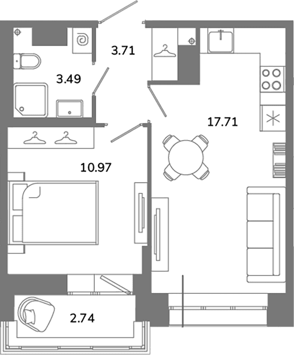 Планировка: Евродвушка 35,9 м² в ЖК «Твой Космос»
