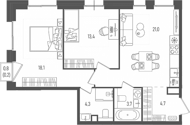 Планировка: Евротрёшка 65,2 м² в ЖК «Пейв»