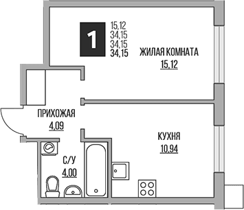 Планировка: Евродвушка 34,2 м² в ЖК «Гранель Притяжение Сити»