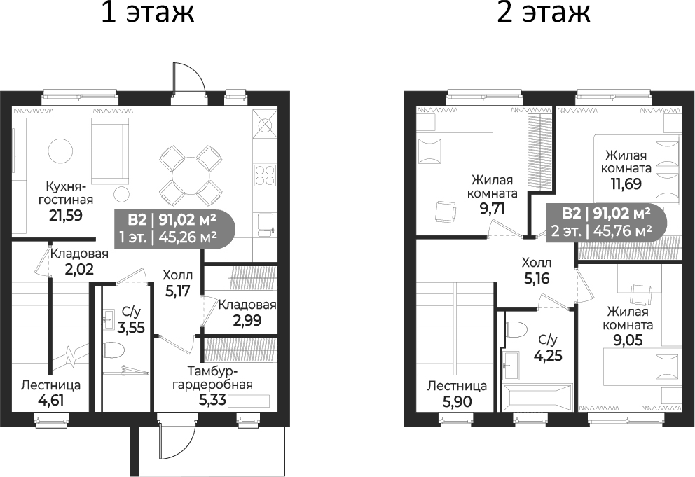 Планировка: Таунхаус 95,3 м² в ЖК «Коттеджный поселок СветЛО»