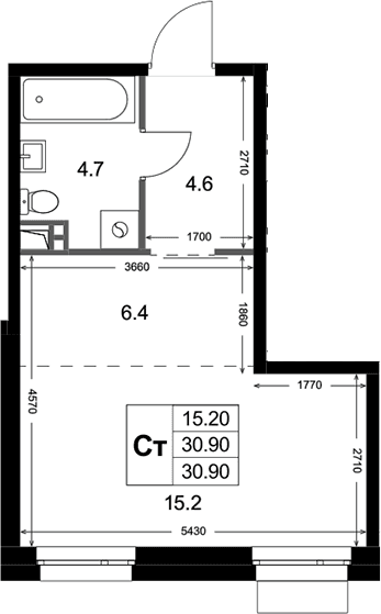 Планировка: Студия 30,9 м² в ЖК «Кореневский Форт 2.3»