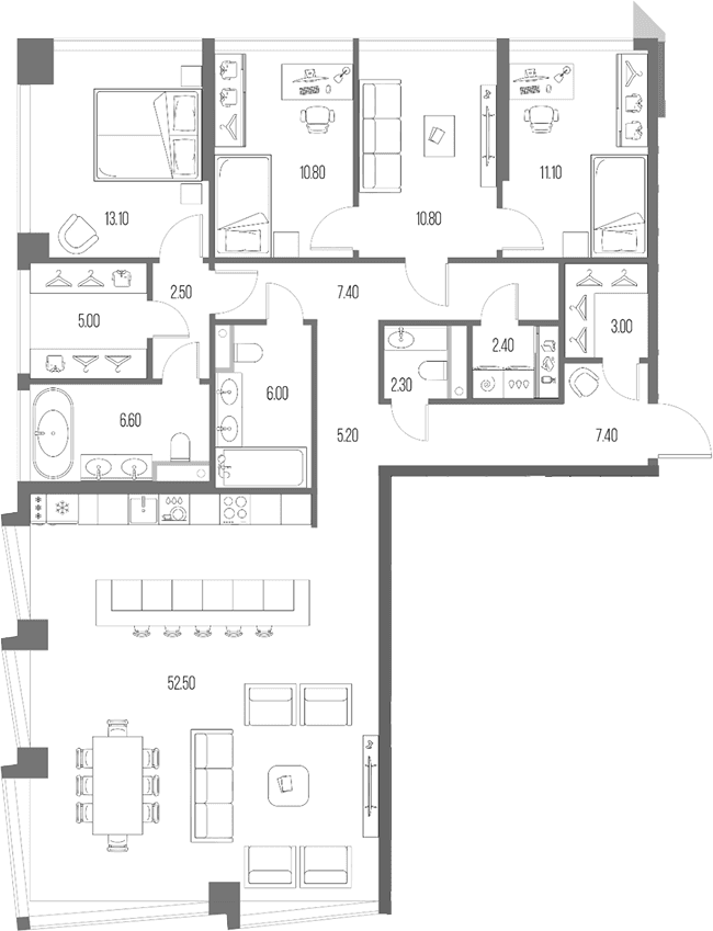 Планировка: 3-комнатная квартира 146,1 м² в ЖК «Северный Порт»