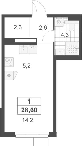 Планировка: Студия 28,6 м² в ЖК «Скандинавия»