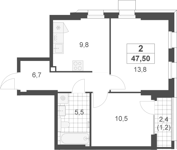 Планировка: 2-комнатная квартира 46,3 м² в ЖК «Скандинавия»